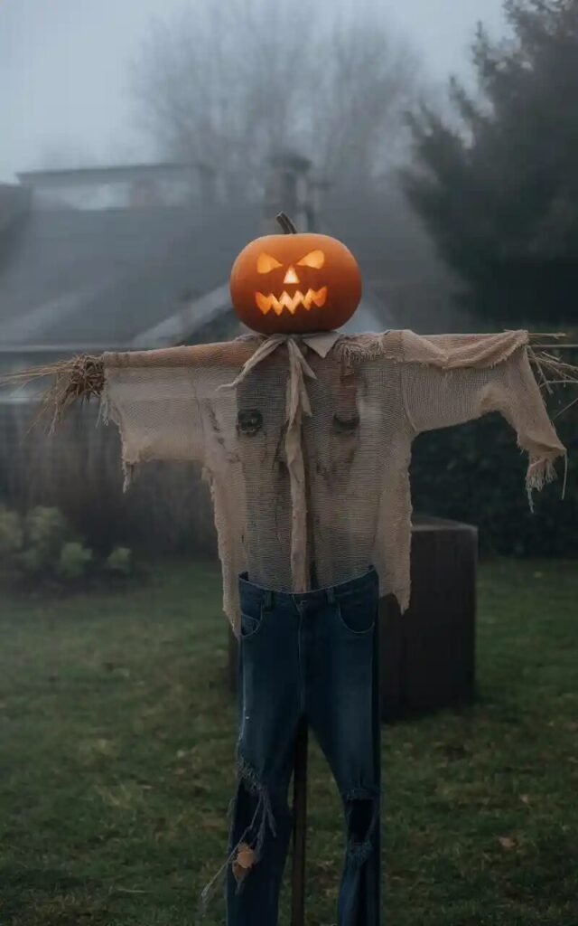 Haunted scarecrow with pumpkin head and glowing eyes in Halloween garden.