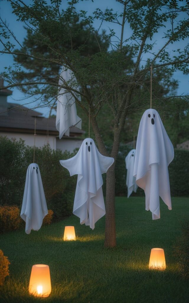White hanging ghosts swaying from tree branches in a spooky Halloween garden.