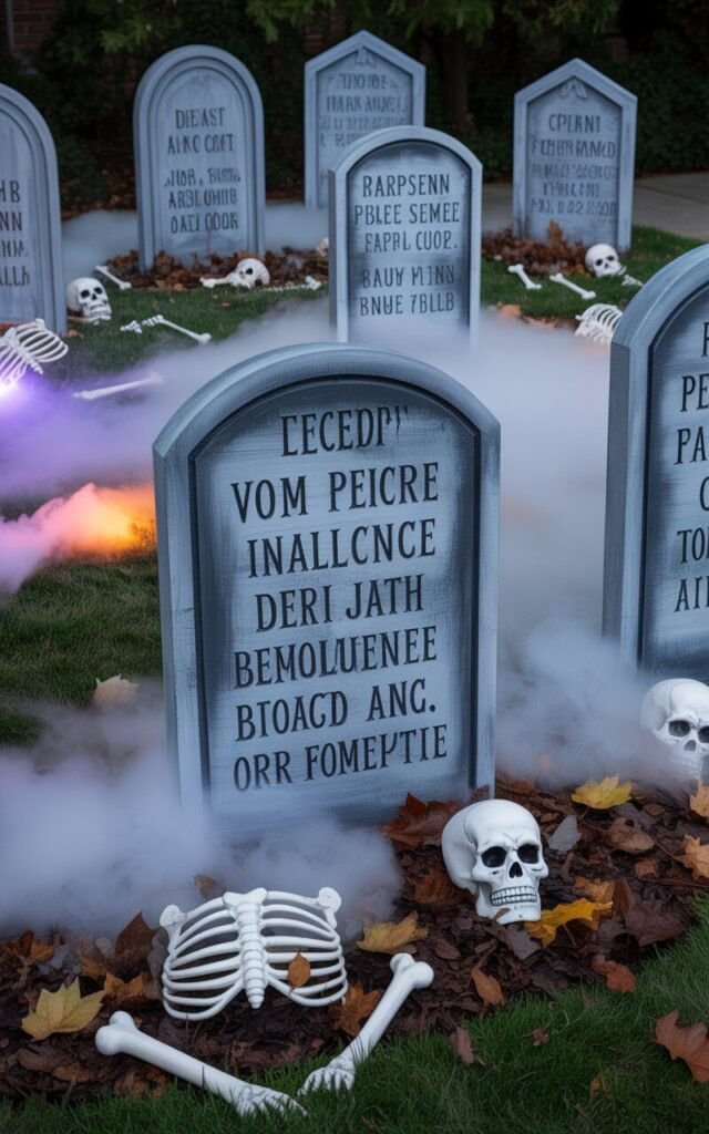 DIY foam tombstone graveyard setup in a spooky Halloween garden.
