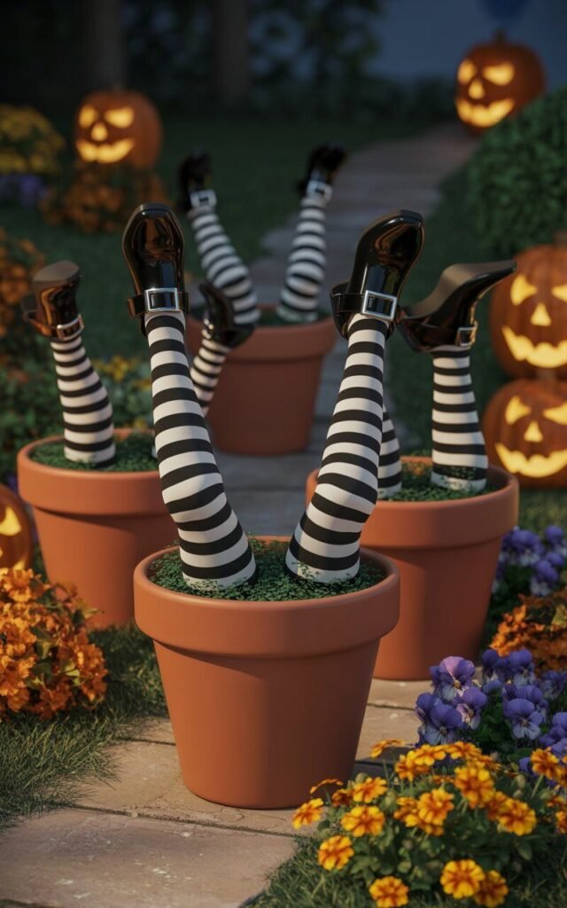 Funny witch legs in flower pots as creative Halloween garden decor.