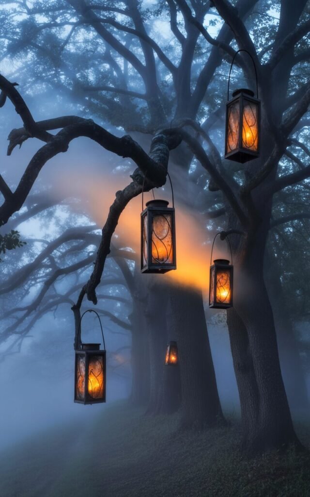 Vintage haunted lanterns glowing in a spooky Halloween garden.
