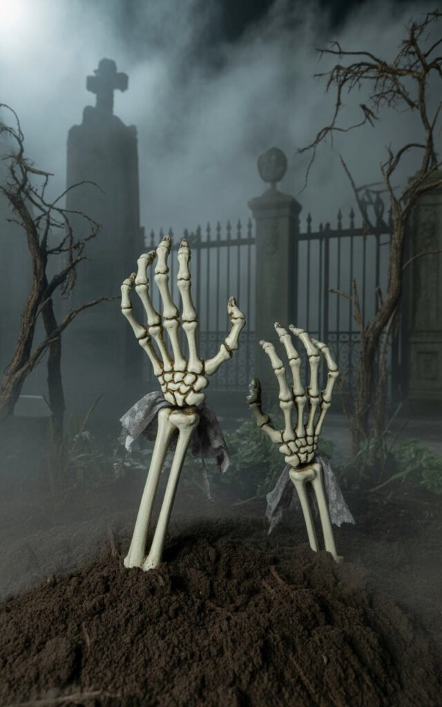 Creepy skeleton hands appearing to crawl out of the garden ground for Halloween.