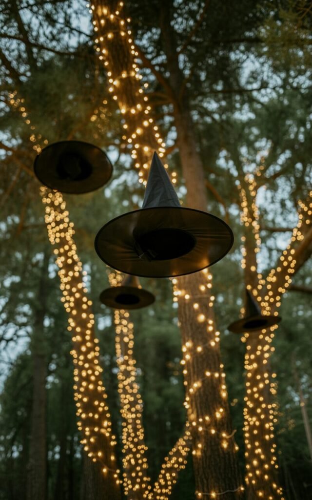 Floating witch hats glowing with lights in a spooky outdoor Halloween display.