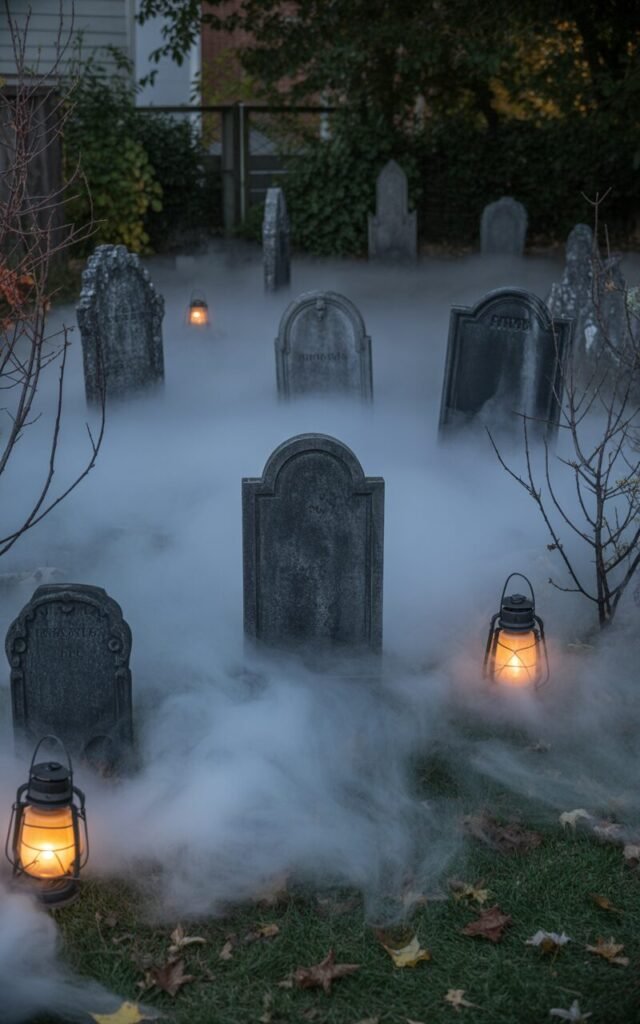 Fog machine creating ghostly mist in a Halloween graveyard garden setup.